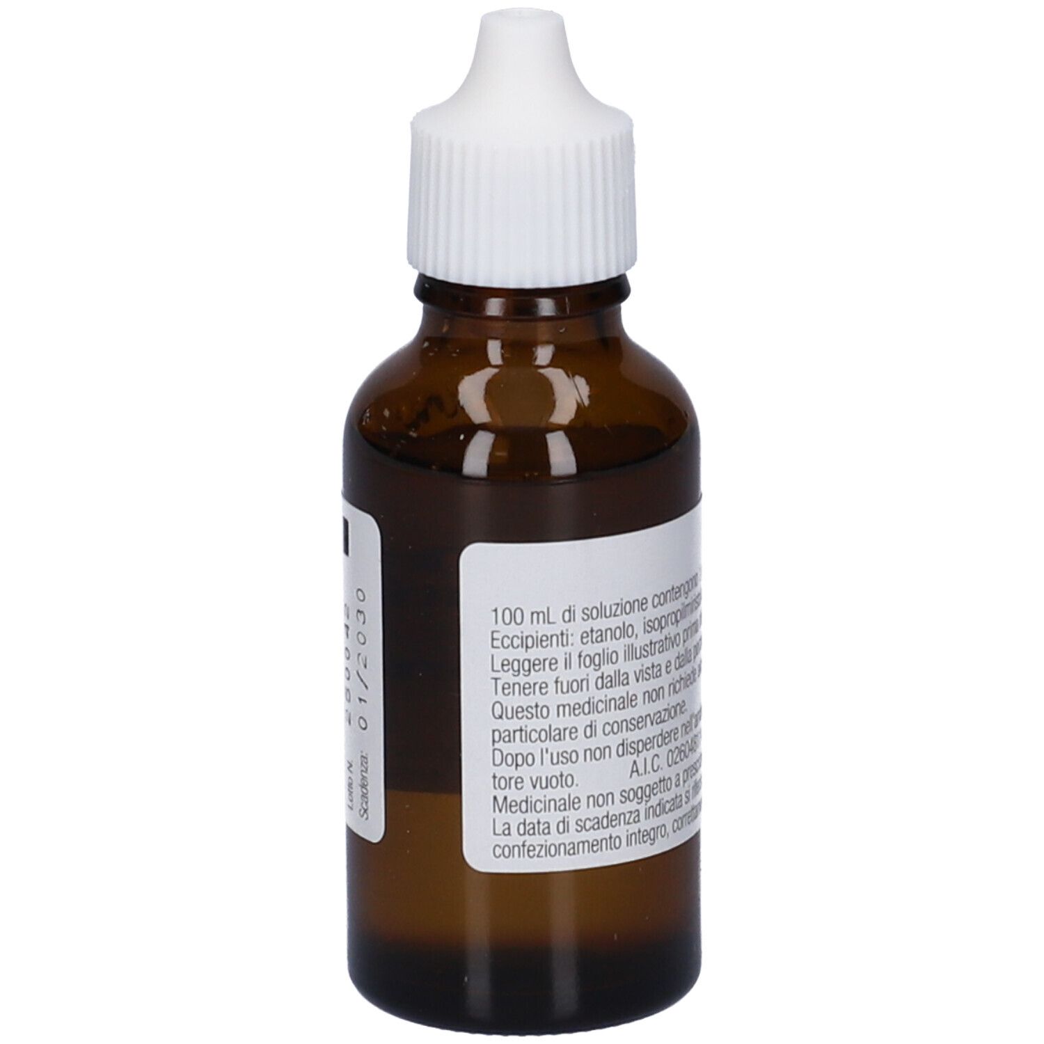 Flacone di vetro marrone con tappo bianco. Scritto: Azolmen 1% soluzione cutanea, Bifonazolo. 100 ml soluzione.