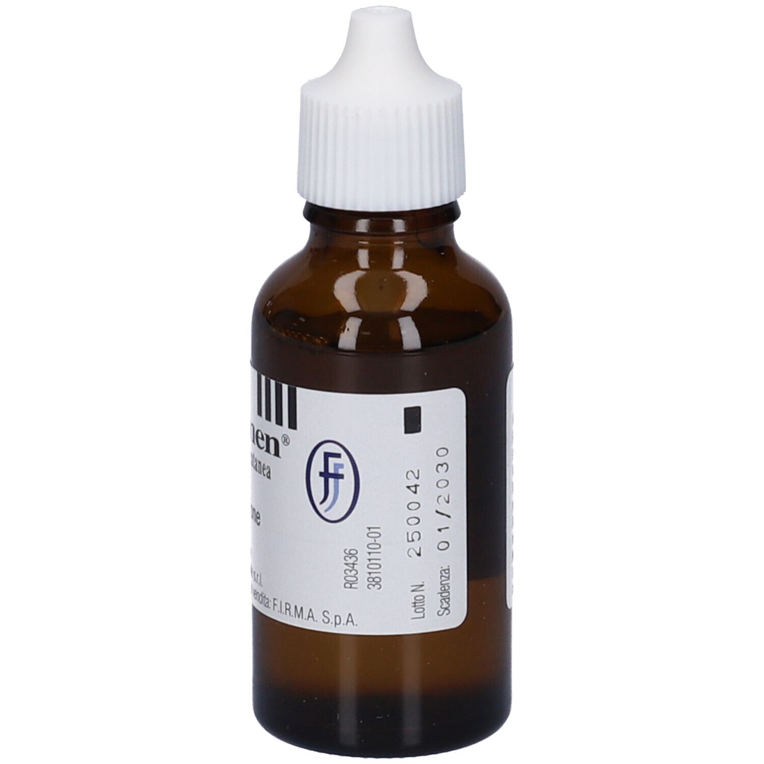 Flacone di vetro marrone con tappo bianco. Scritto: Azolmen 1% soluzione cutanea, Bifonazolo. 30 ml soluzione.