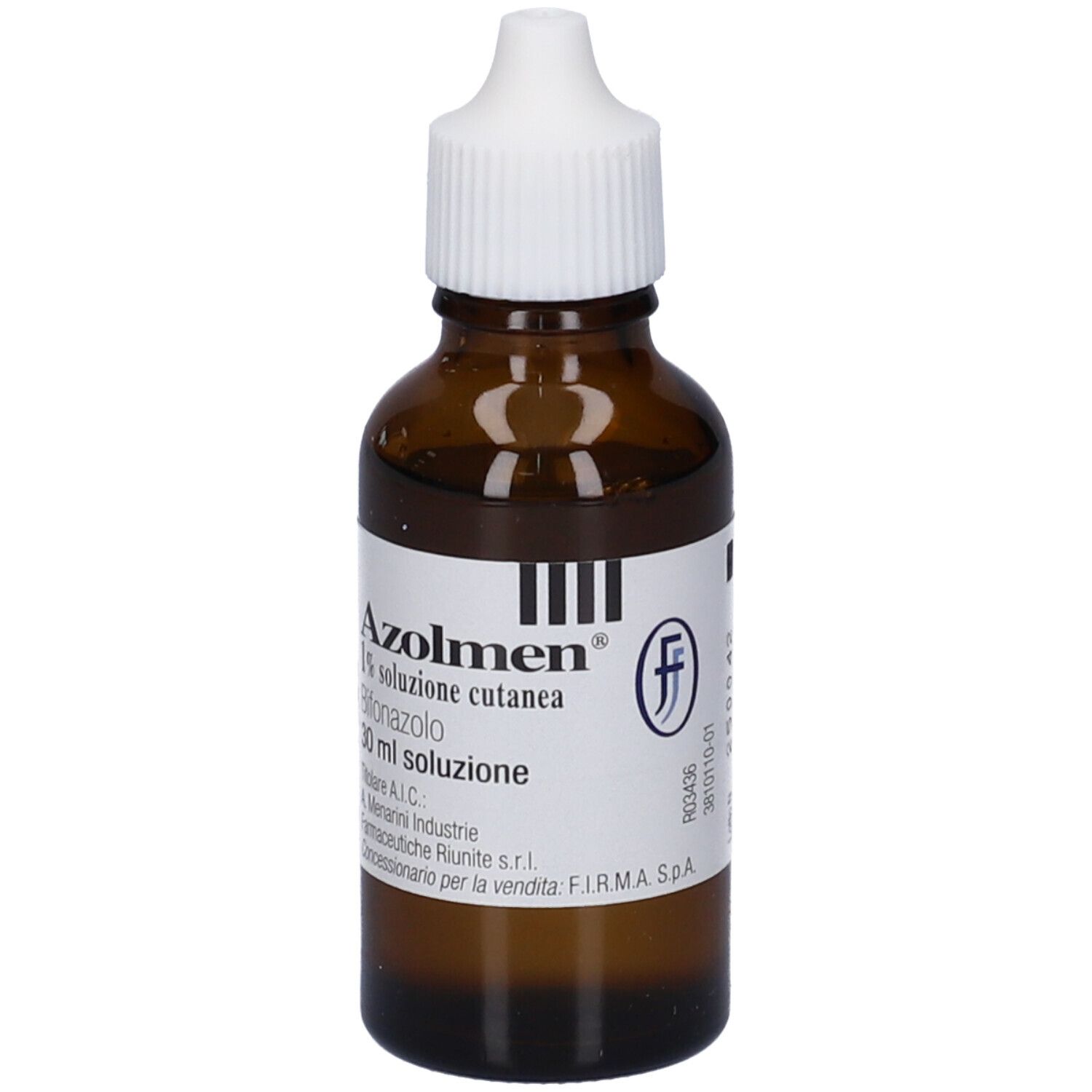 Flacone di vetro marrone con tappo bianco. Scritto: Azolmen 1% soluzione cutanea, Bifonazolo. 30 ml soluzione.