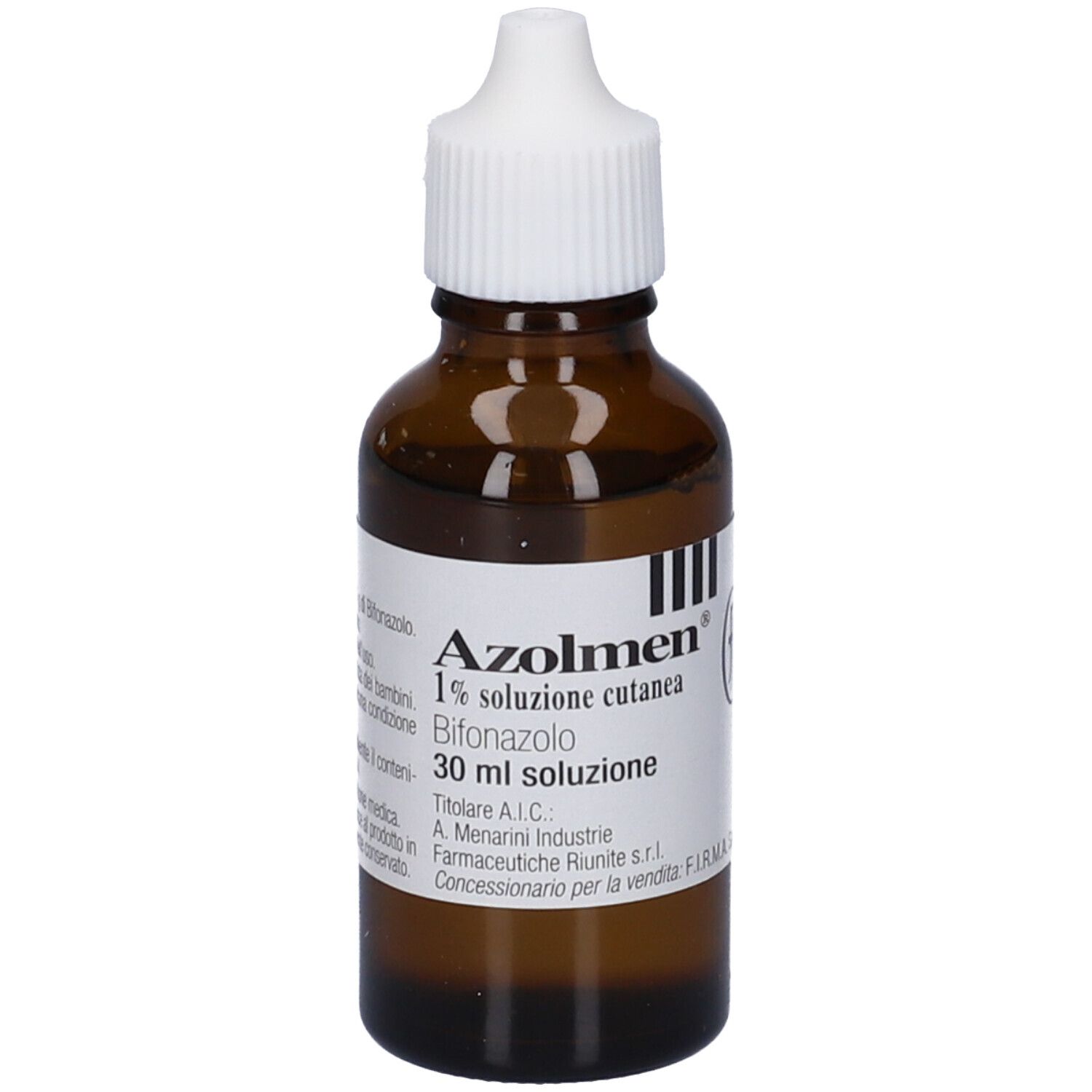 Flacone di vetro marrone con tappo bianco. Scritto: Azolmen 1% soluzione cutanea, Bifonazolo. 30 ml soluzione.