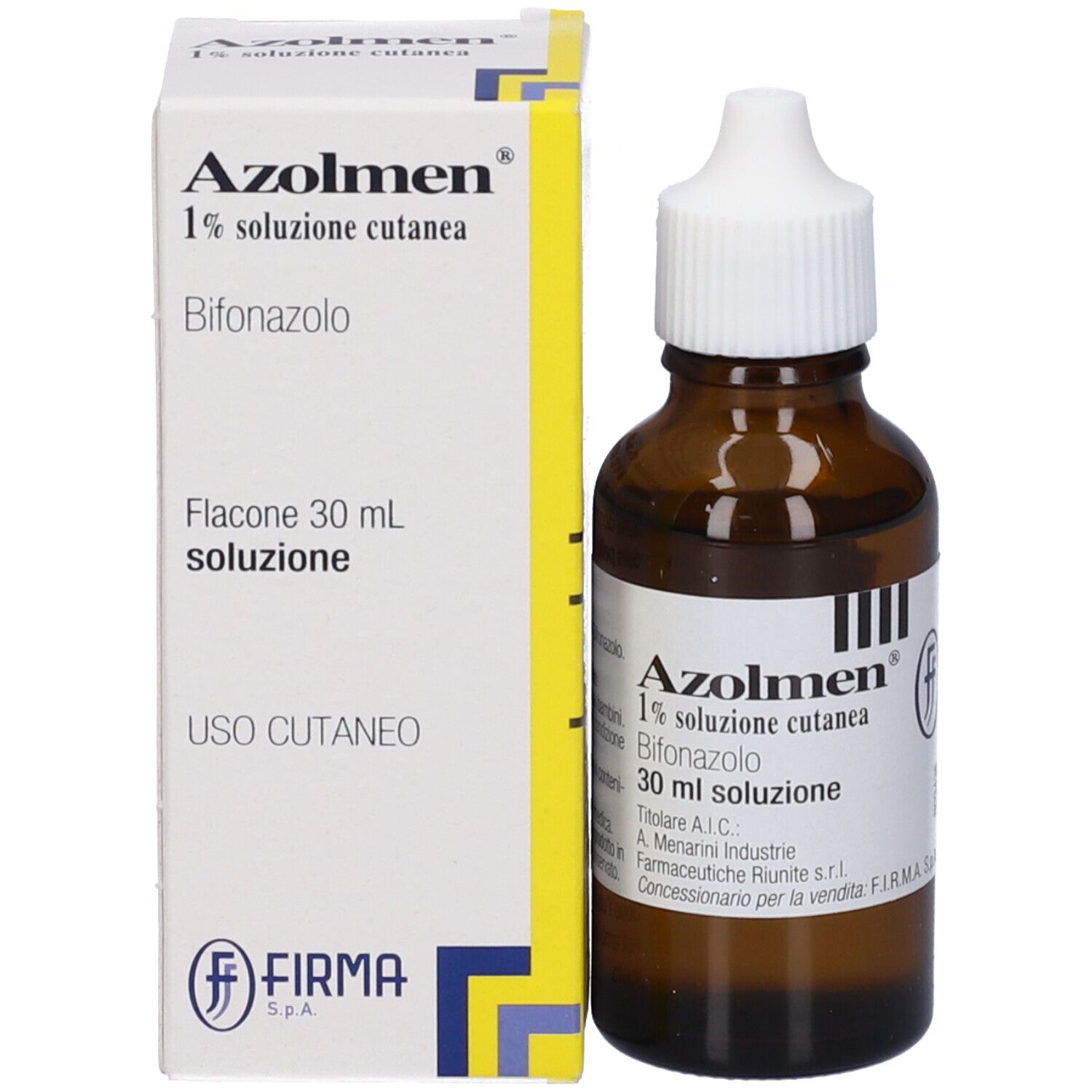 Scatola e flacone. Scritto: Azolmen 1% soluzione cutanea, Bifonazolo. Flacone 30 ml soluzione.
