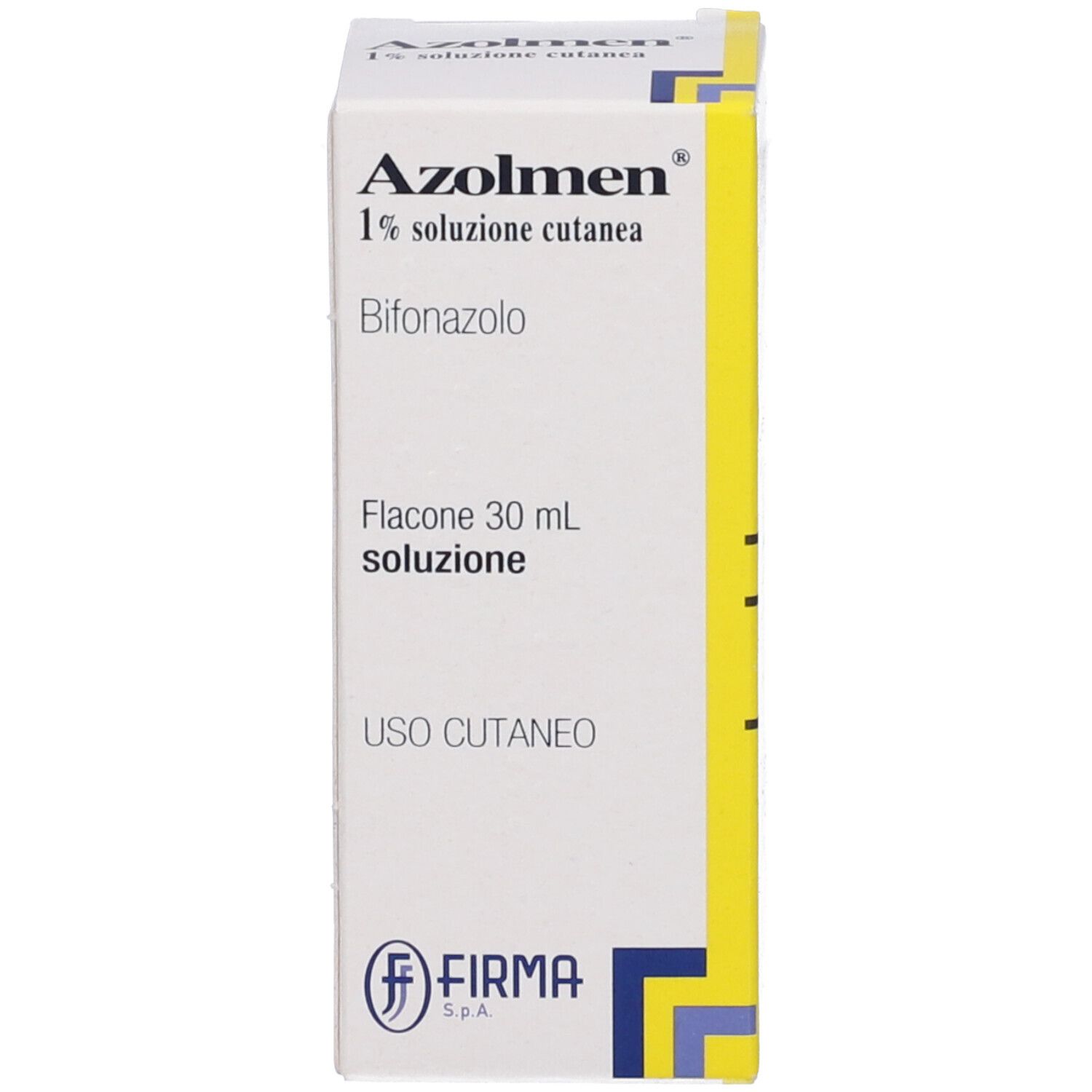 Scatola con testo. Scritto: Azolmen 1% soluzione cutanea, Bifonazolo. Flacone 30 ml soluzione.