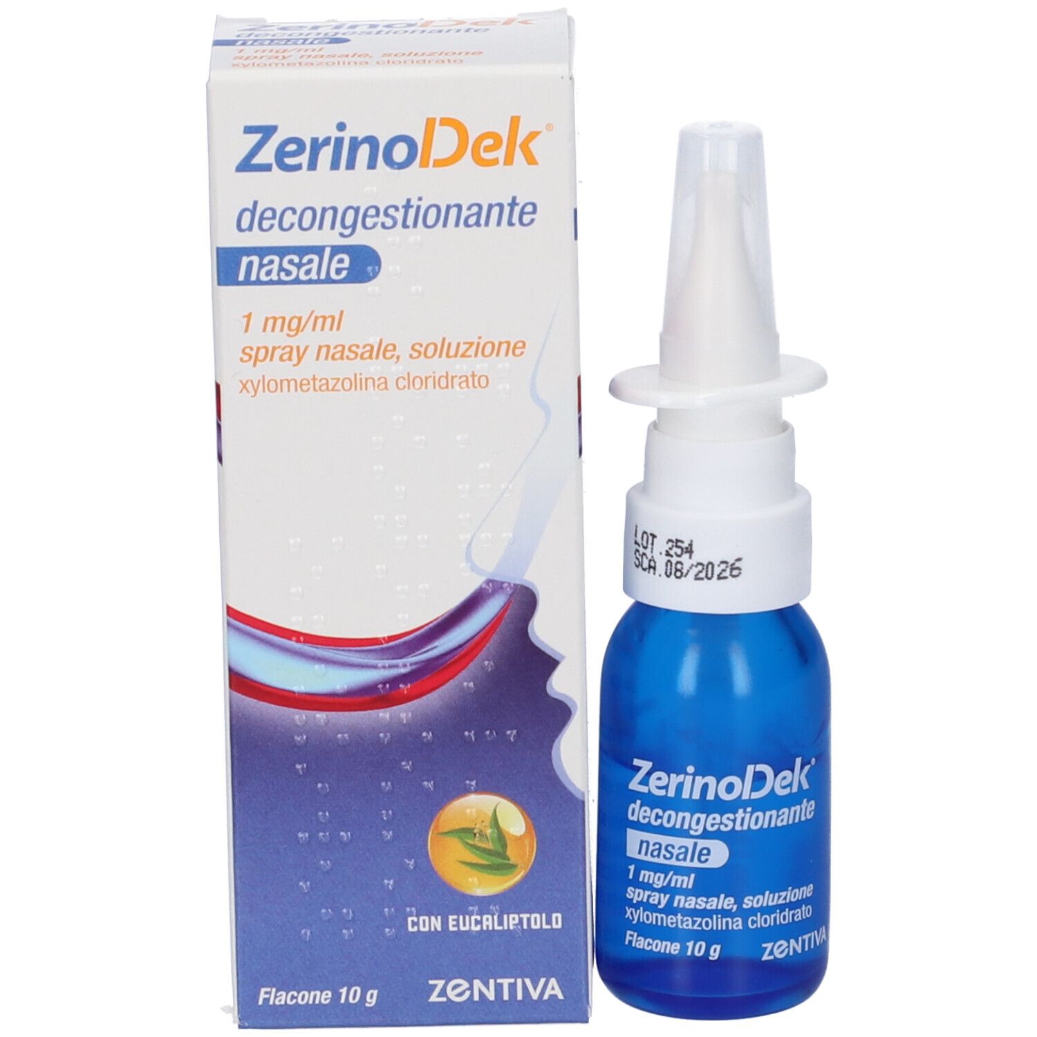 Prodotto e confezione. ZerinoDek, decongestionante nasale, 1 mg/ml, spray nasale, soluzione. Scatola bianca con flacone blu.