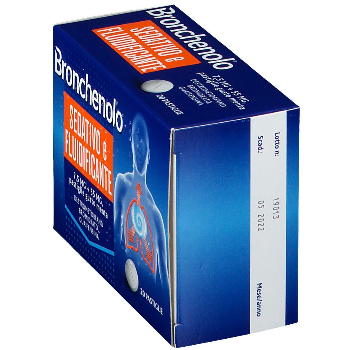 Scatola blu Bronchenolo Sedativo e Fluidificante. Contiene 20 pastiglie. Illustrazione di polmoni e uomo.