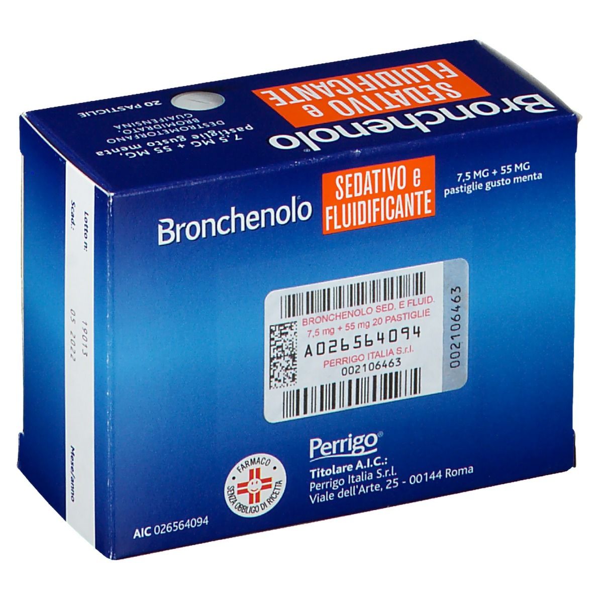Scatola blu Bronchenolo Sedativo e Fluidificante. Contiene 20 pastiglie. Illustrazione di polmoni e uomo. Dettagli della confezione.
