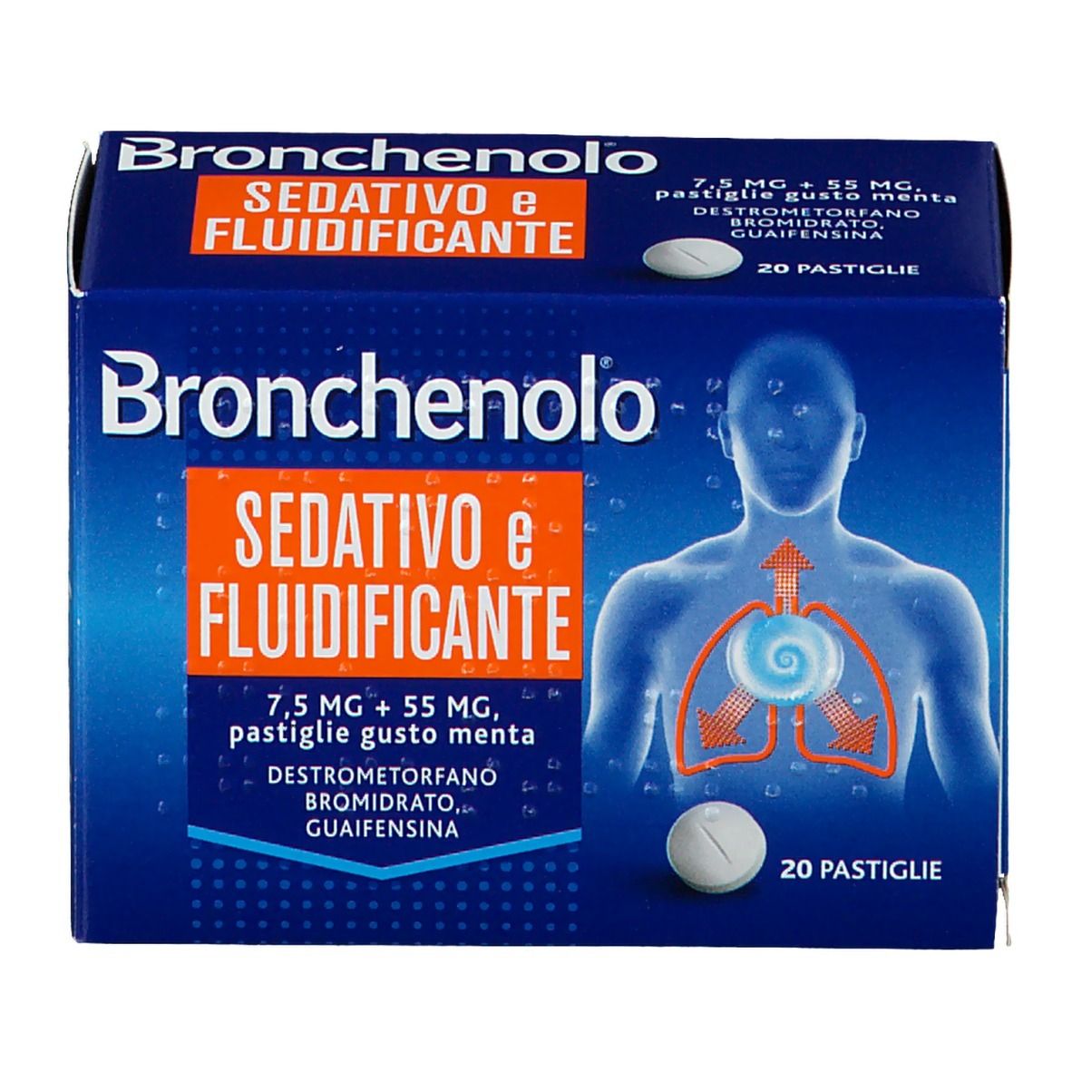 Scatola blu Bronchenolo Sedativo e Fluidificante. Contiene 20 pastiglie. Illustrazione di polmoni e uomo.