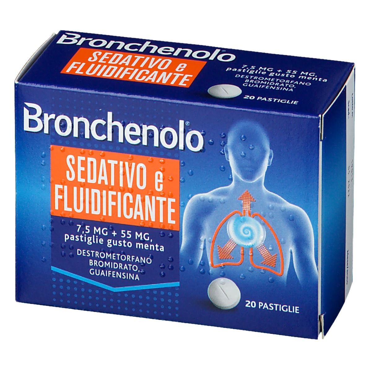 Scatola blu Bronchenolo Sedativo e Fluidificante. Contiene 20 pastiglie. Illustrazione di polmoni e uomo.