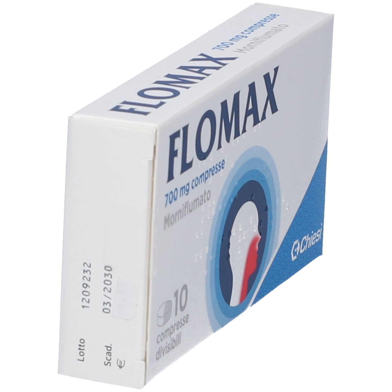 Scatola FLOMAX 700 mg compresse. Vista laterale. Testo e logo. Scadenza 03/2030.