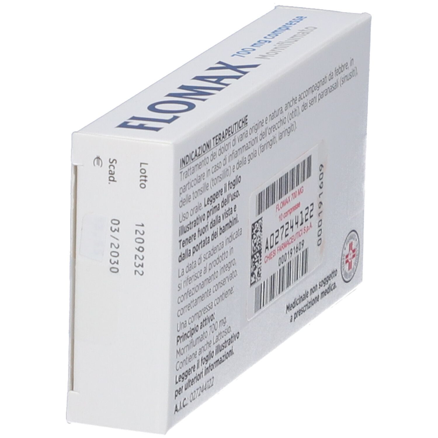 Retro scatola FLOMAX 700 mg compresse. Testo, codice a barre, logo. Scadenza 03/2030.