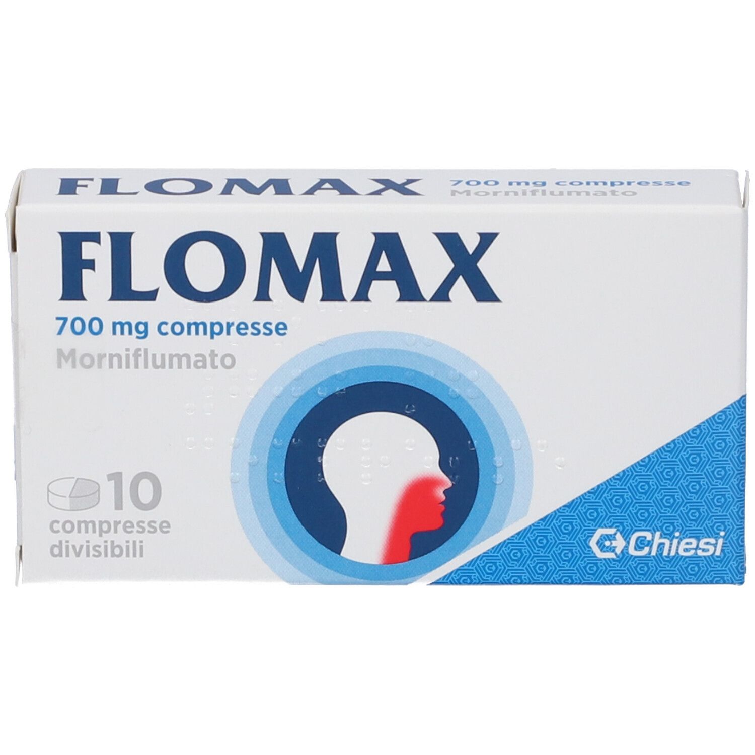 Scatola FLOMAX 700 mg compresse. 10 compresse. Illustrazione profilo con gola rossa. Logo Chiesi.