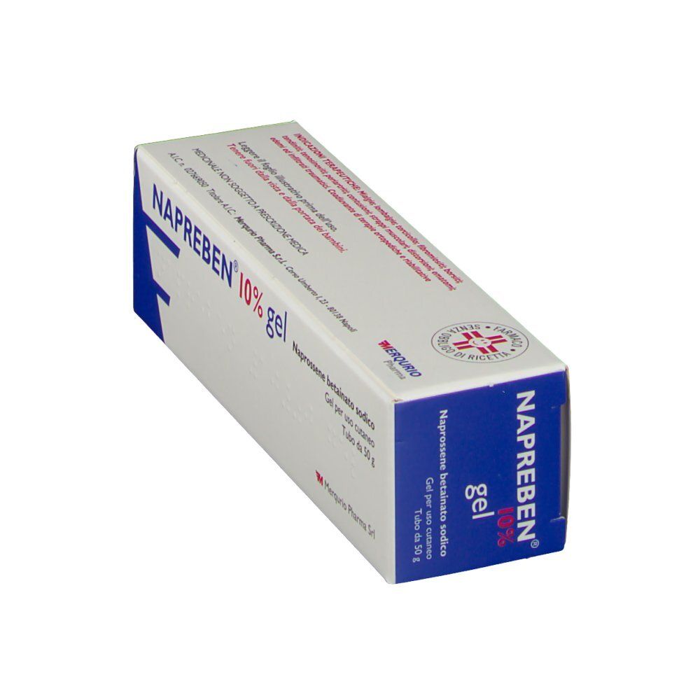Scatola di NAPREBEN 10% gel, vista obliqua. Bianca con testo blu. Contiene testo in italiano e il logo Mercurio Pharma.
