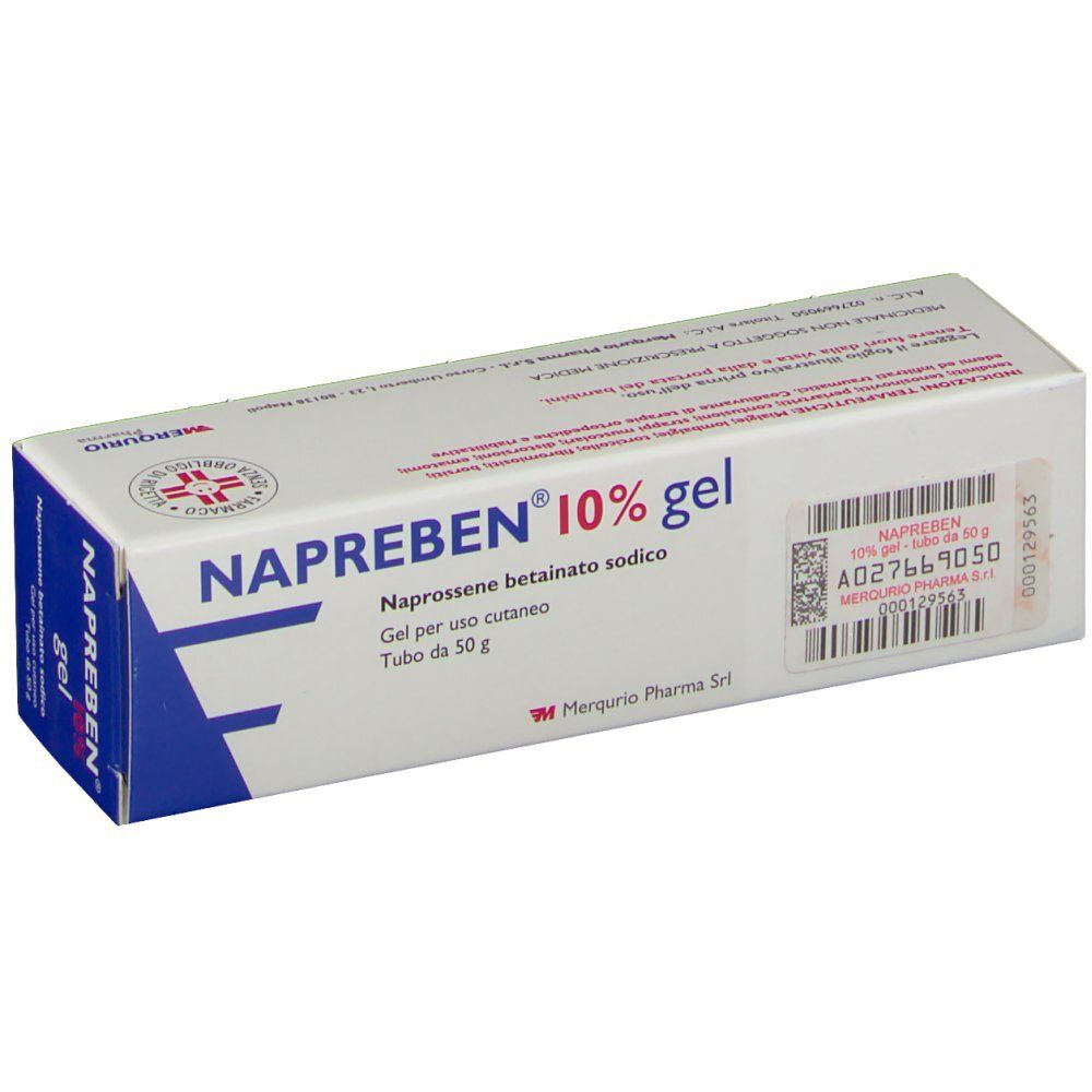 Scatola di NAPREBEN 10% gel. Bianca con testo blu. Contiene testo in italiano, codice a barre e il logo Mercurio Pharma.