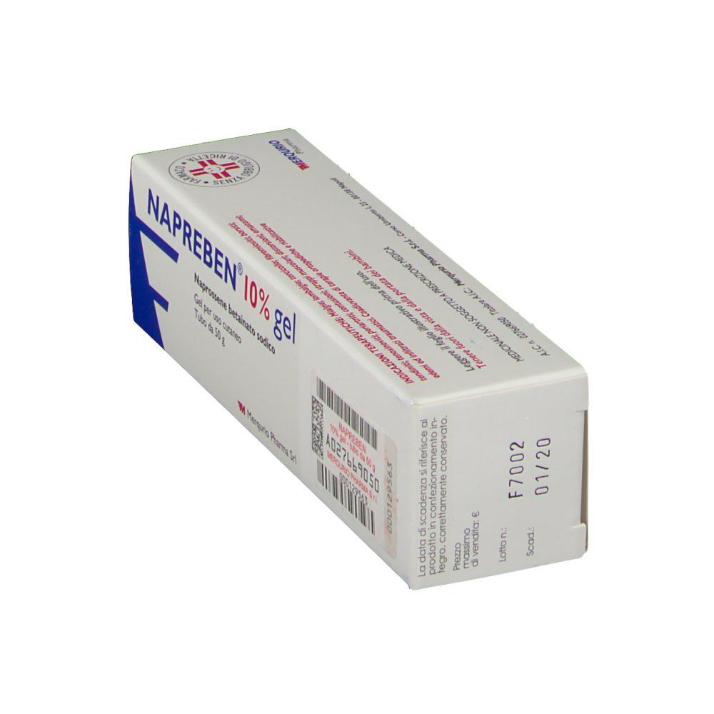 Scatola di NAPREBEN 10% gel, vista obliqua. Bianca con testo blu. Contiene testo in italiano e il logo Mercurio Pharma.