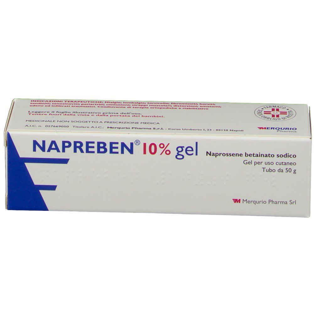 Scatola di NAPREBEN 10% gel. Bianca con testo blu. Contiene testo in italiano e il logo Mercurio Pharma.