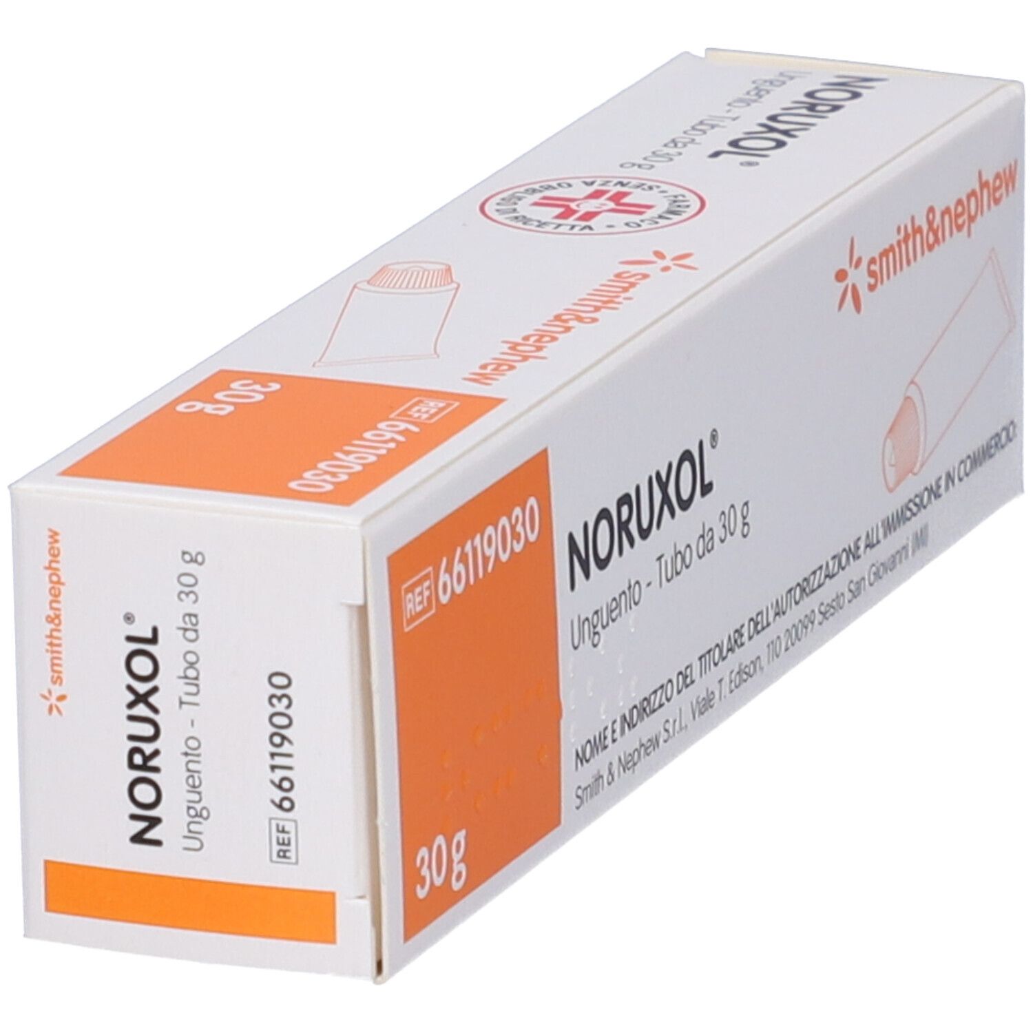Scatola NORUXOL® Unguento, Tubo da 30 g. Logo Smith & Nephew. Vista angolata.