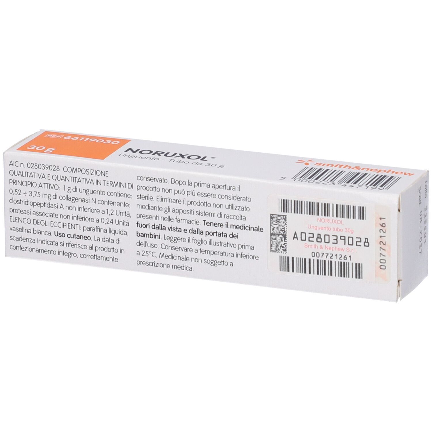 Retro della scatola NORUXOL® Unguento, Tubo da 30 g. Testo e codice a barre. Logo Smith & Nephew.