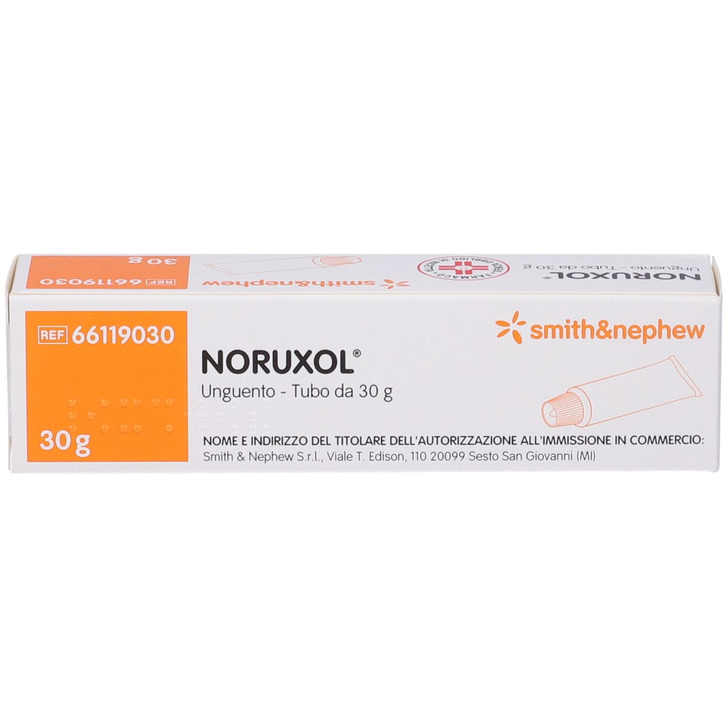Scatola NORUXOL® Unguento, Tubo da 30 g. Logo Smith & Nephew. Area arancione con testo.
