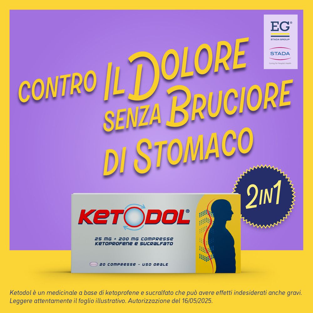 Confezione KETODOL su sfondo viola. Testo: 'CONTRO IL DOLORE SENZA BRUCIORE DI STOMACO'.