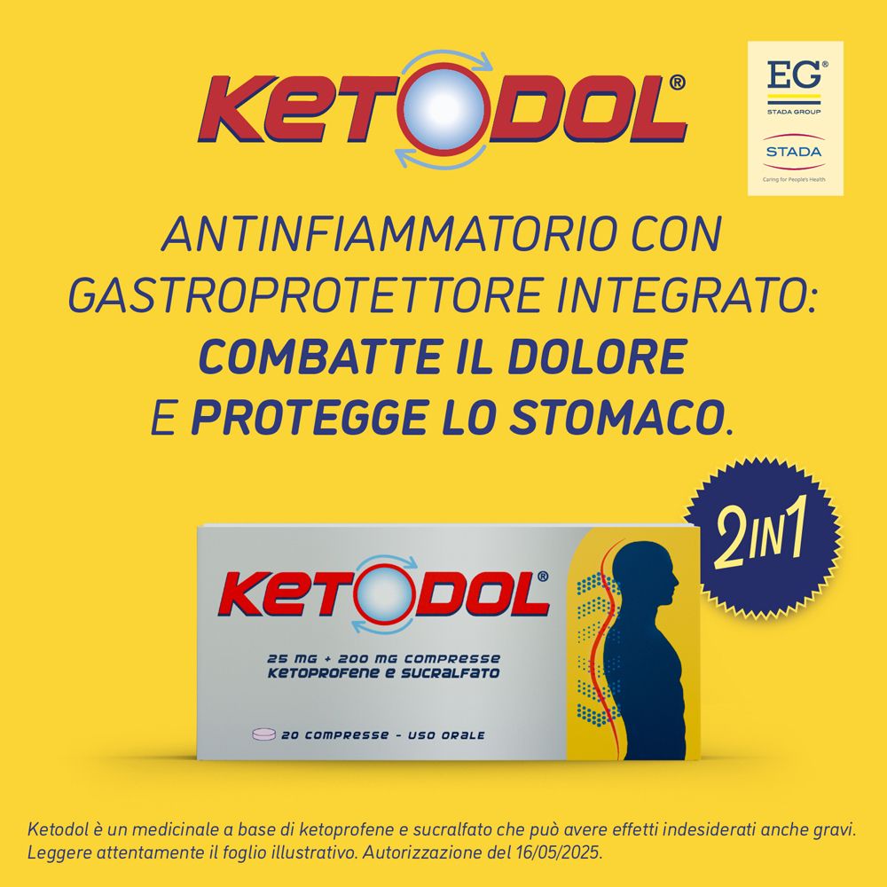 Confezione KETODOL su sfondo giallo. Testo: 'ANTINFIAMMATORIO CON GASTROPROTETTORE INTEGRATO'.