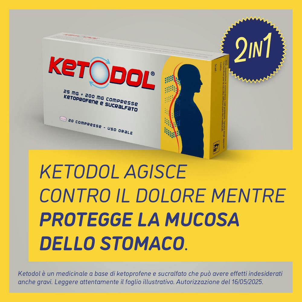 Confezione KETODOL con sfondo giallo. Testo: 'KETODOL AGISCE CONTRO IL DOLORE MENTRE PROTEGGE LA MUCOSA DELLO STOMACO'.