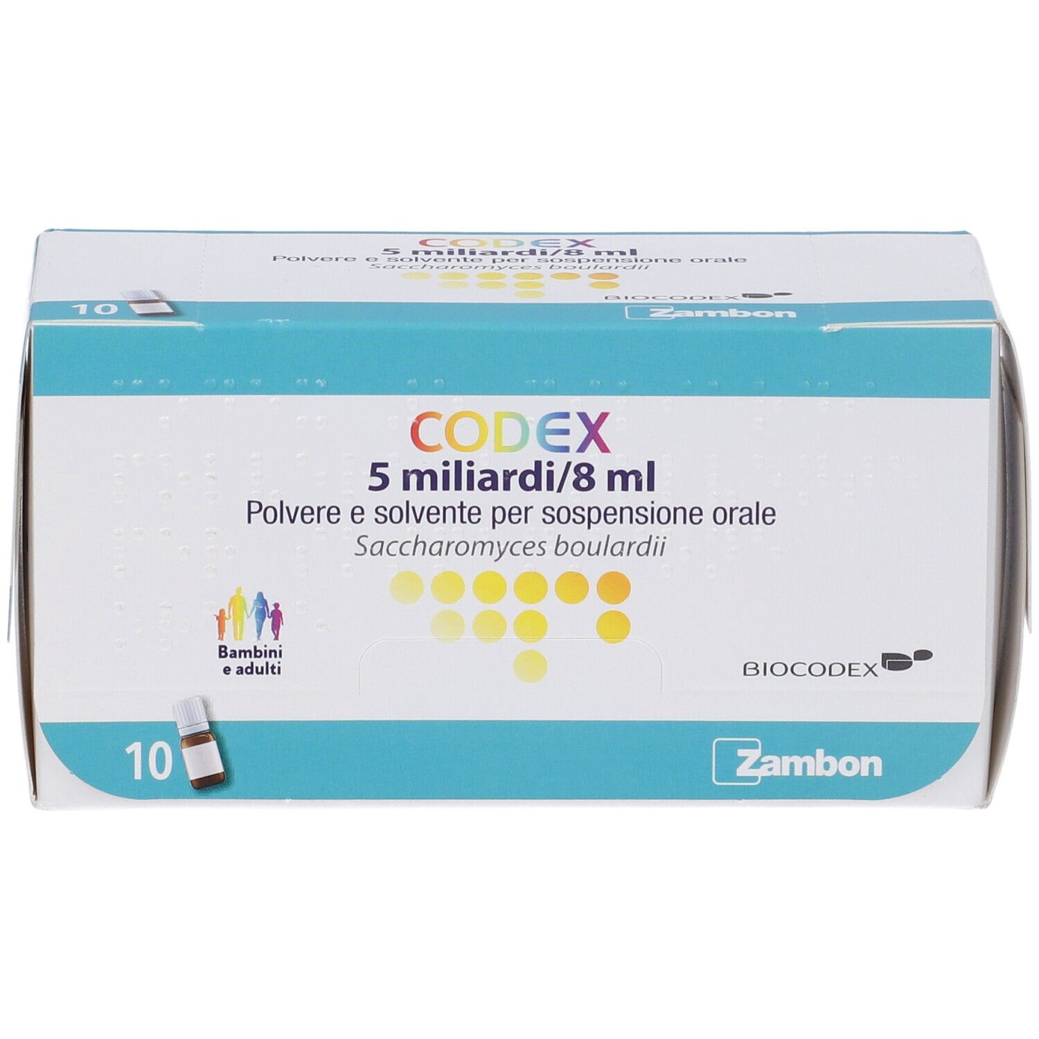 Confezione Codex 5 miliardi/8 ml. Contiene 10 flaconcini. Scritta: Polvere e solvente per sospensione orale.