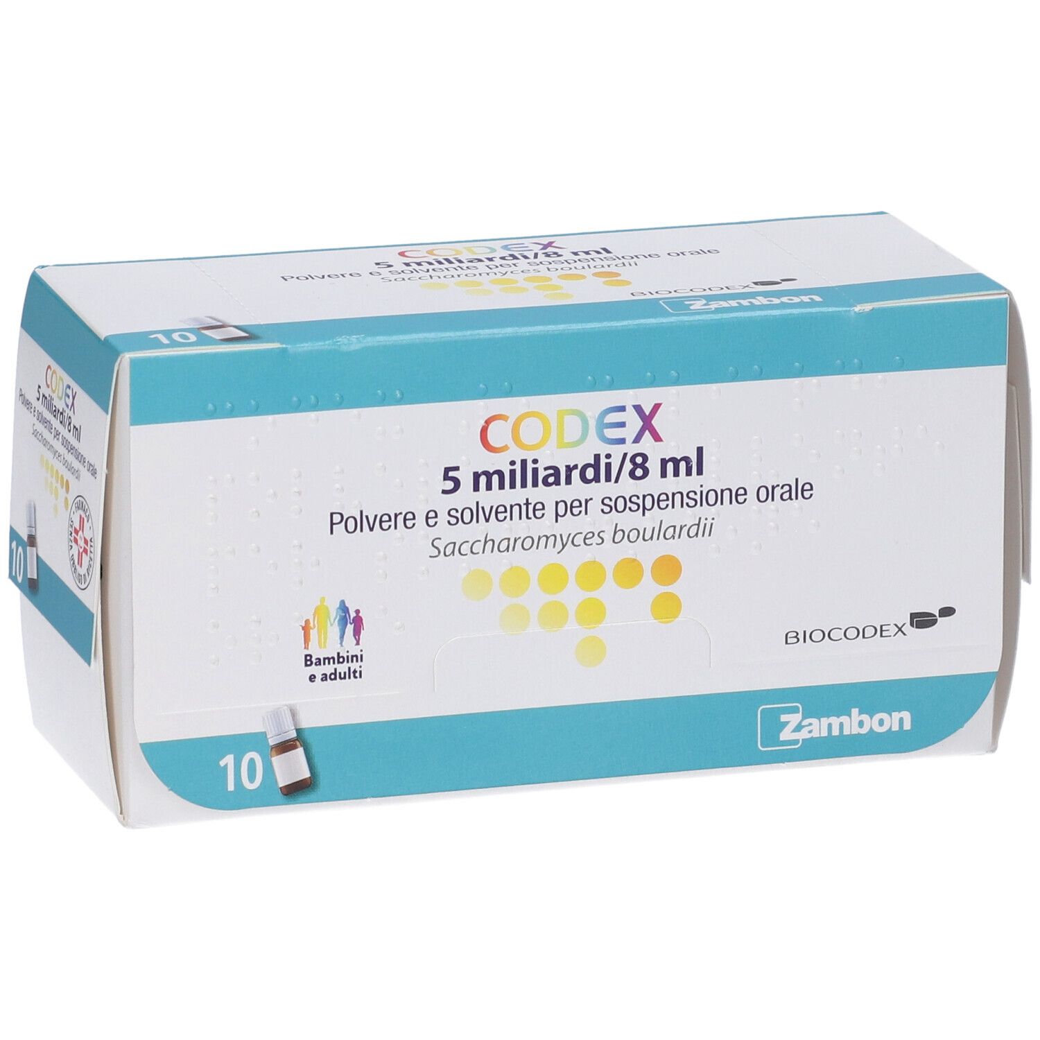 Confezione Codex 5 miliardi/8 ml. Contiene 10 flaconcini. Scritta: Polvere e solvente per sospensione orale.