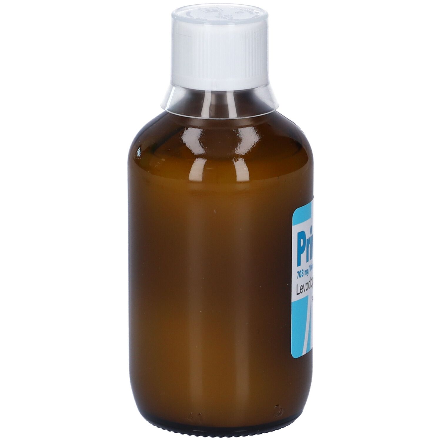 Flacone marrone con tappo bianco. Etichetta con nome del prodotto e ingredienti. Liquido visibile.