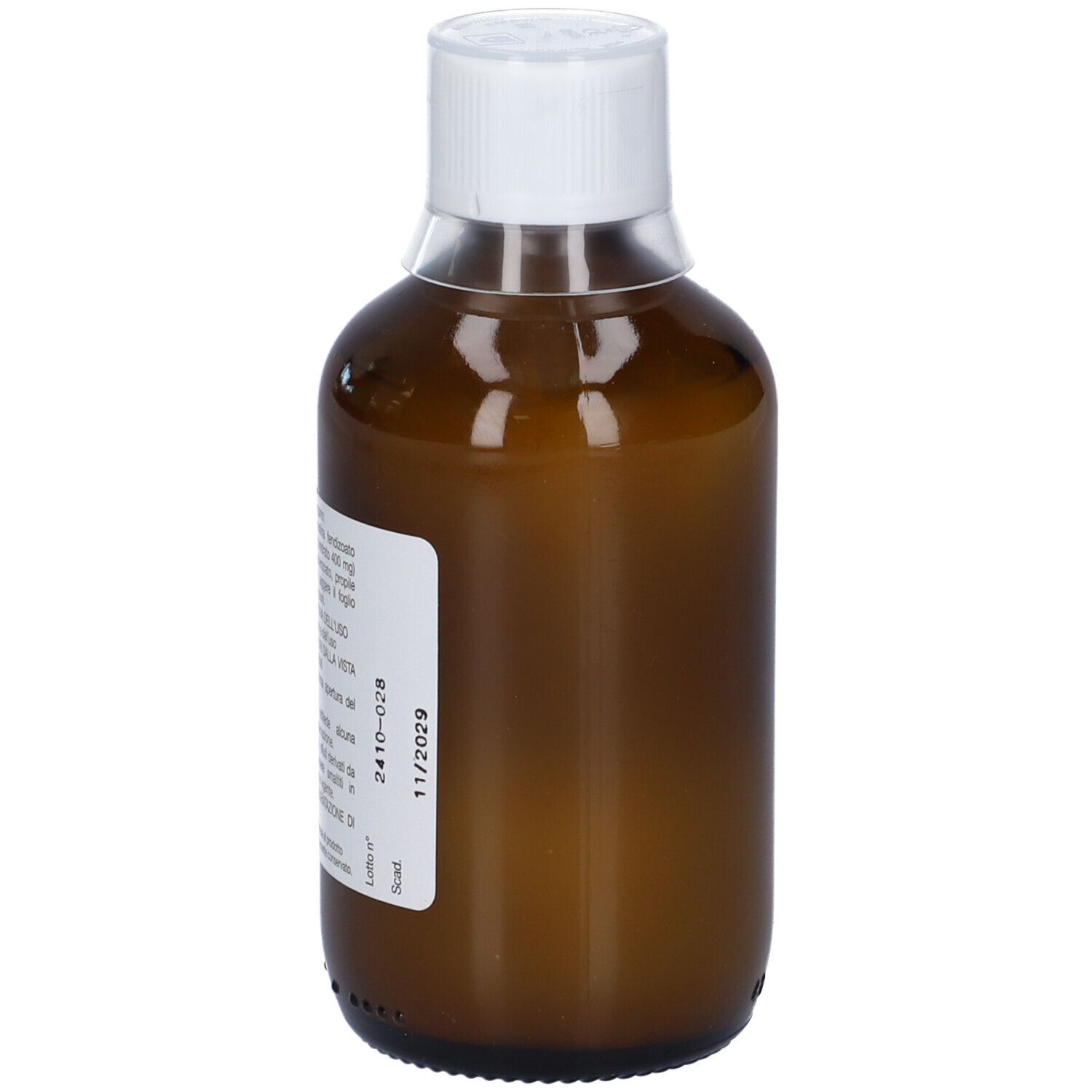 Flacone marrone con tappo bianco. Etichetta con informazioni sul prodotto. Liquido visibile.