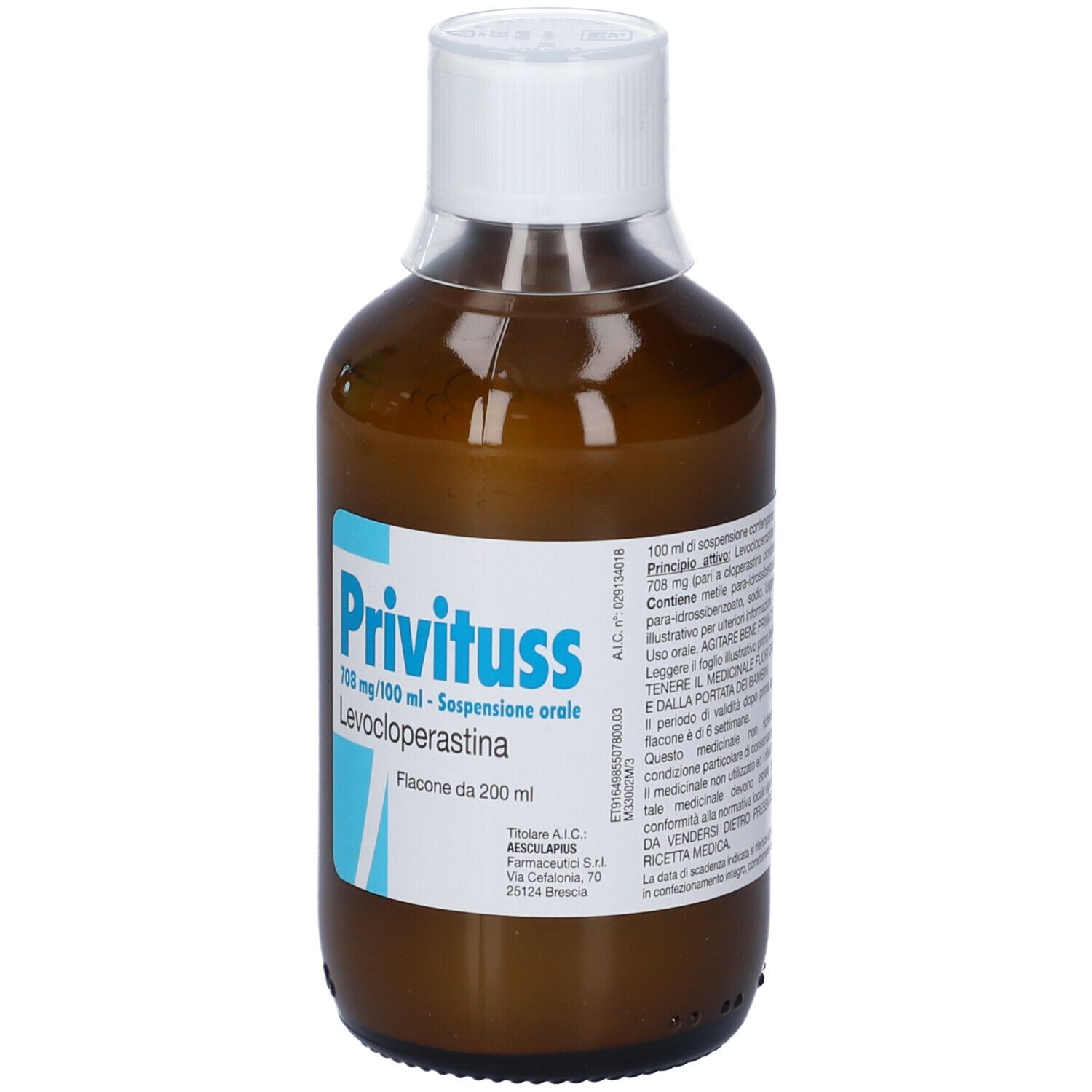 Flacone marrone con tappo bianco. Etichetta con nome del prodotto e ingredienti. Liquido visibile.