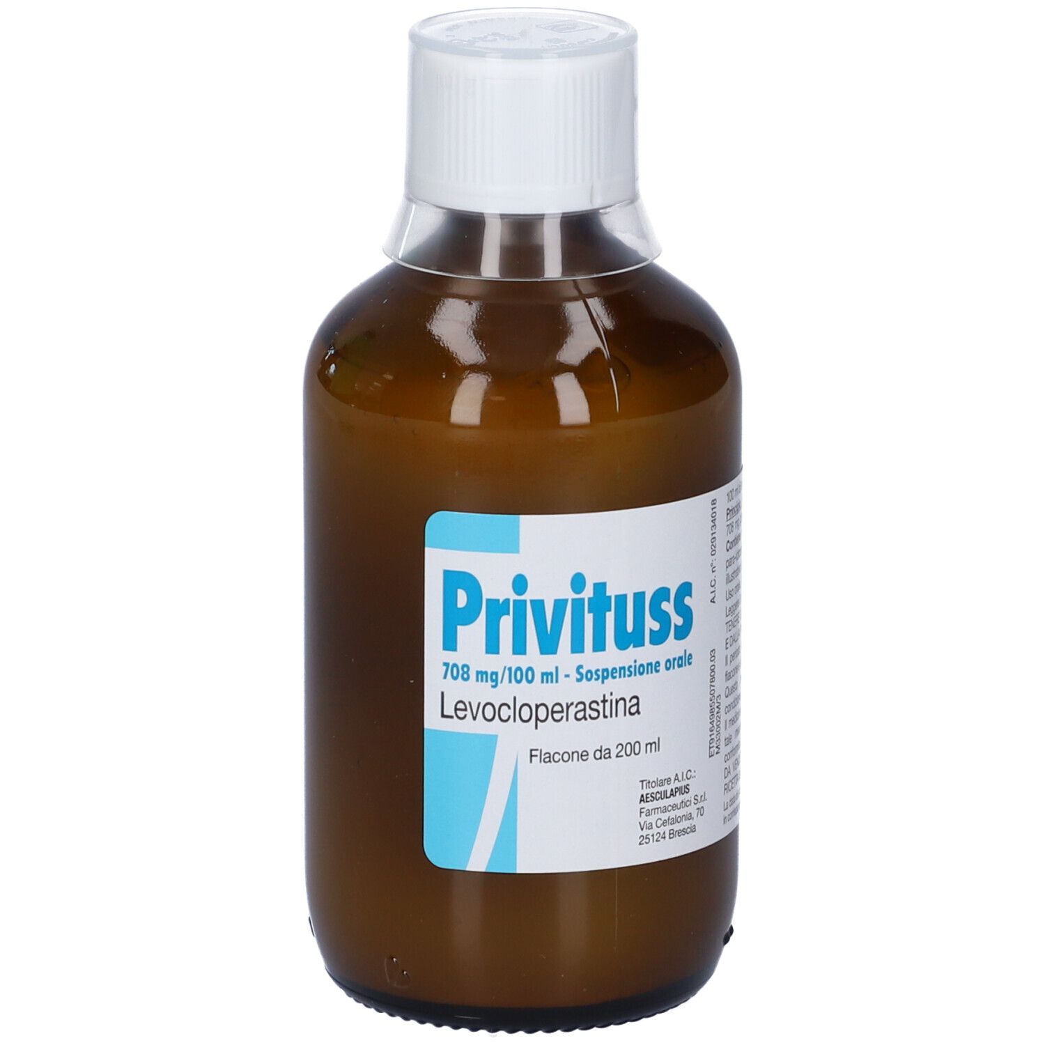 Flacone marrone con tappo bianco. Etichetta con nome del prodotto e ingredienti. Liquido visibile.