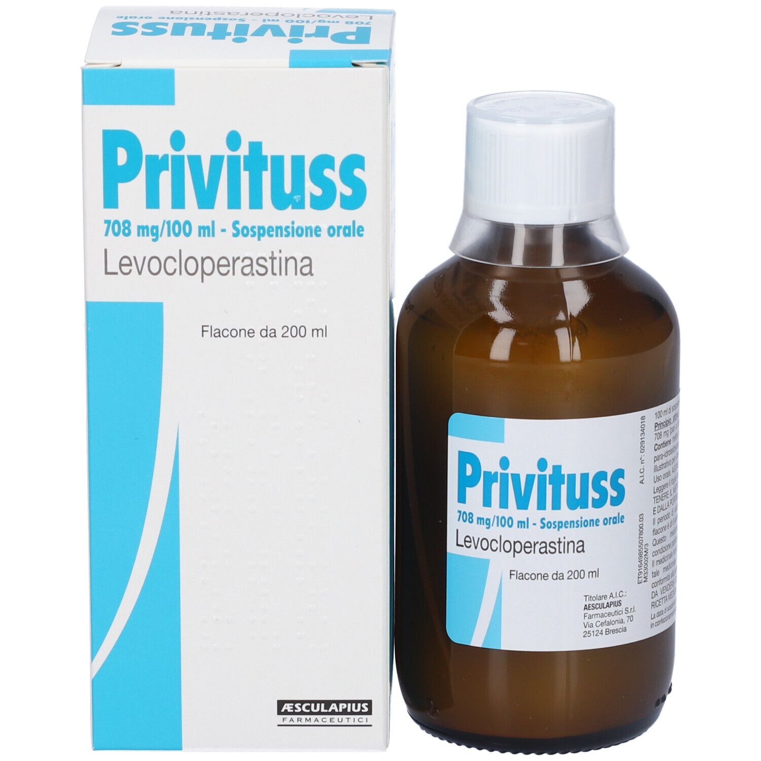 Flacone marrone con tappo bianco e scatola. Scatola con nome del prodotto. Liquido visibile.