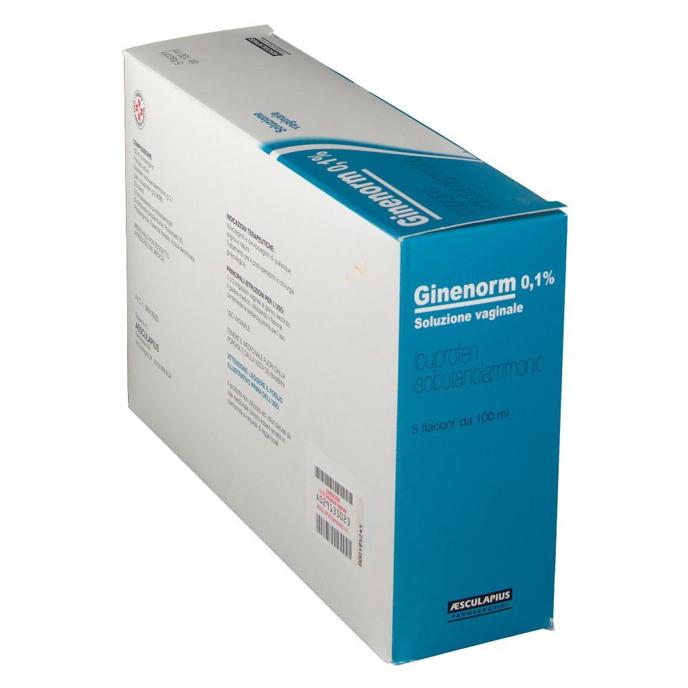 Confezione del prodotto inclinata. "GINENORM 0,1%" e "Soluzione vaginale" sono ben visibili sulla confezione.