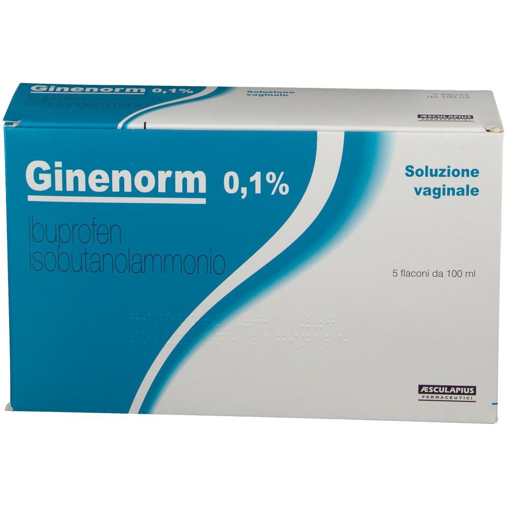 Confezione del prodotto con nome e ingredienti. Confezione blu e bianca. "GINENORM 0,1%" è visibile.