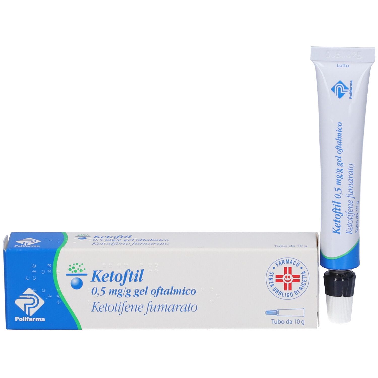 Ketoftil 0,5 mg/g gel oftalmico, tubo e scatola. Bianco, blu e verde. Testo: Ketoftil, 0,5 mg/g gel oftalmico.