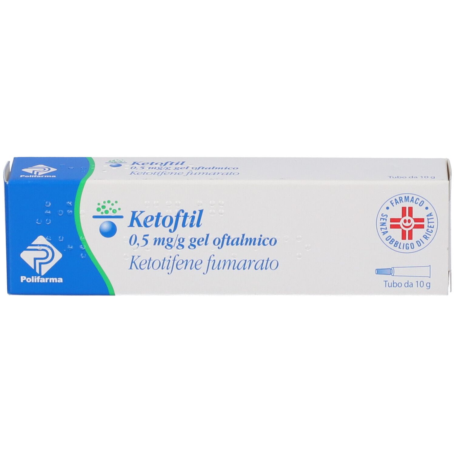 Scatola di Ketoftil 0,5 mg/g gel oftalmico. Bianca, blu e verde. Testo: Ketoftil, 0,5 mg/g gel oftalmico, Ketotifene fumarato.