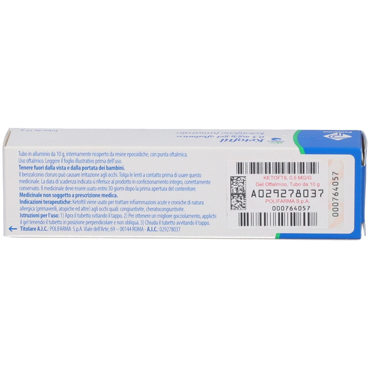Retro della scatola di Ketoftil 0,5 mg/g gel oftalmico. Testo e codice a barre. Testo: Ketoftil 0,5 mg/g gel oftalmico, Tube 10 g.