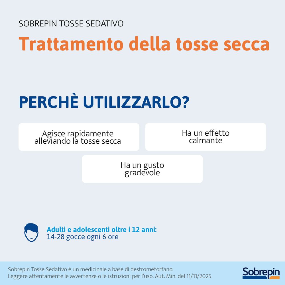 Infografica: Sobrepin Tosse Secca Sedativo. Vantaggi: sollievo rapido, effetto calmante, gusto gradevole.