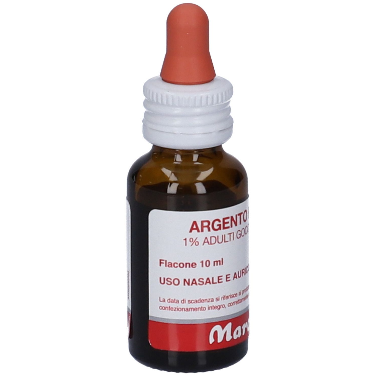 Flacone di vetro marrone con contagocce rosso. Etichetta con nome prodotto, 1% e marchio Marco Viti. Per uso nasale e auricolare.