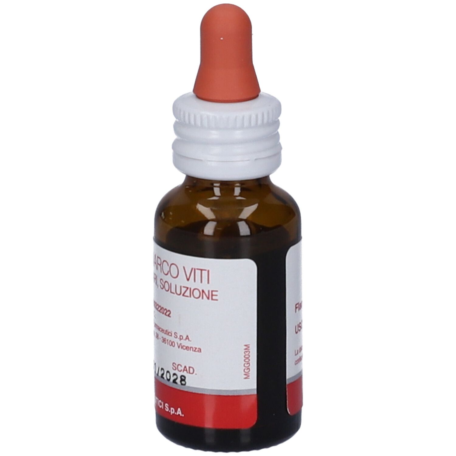 Flacone di vetro marrone con contagocce rosso. Etichetta con nome prodotto e marchio Marco Viti. Soluzione per uso nasale e auricolare.