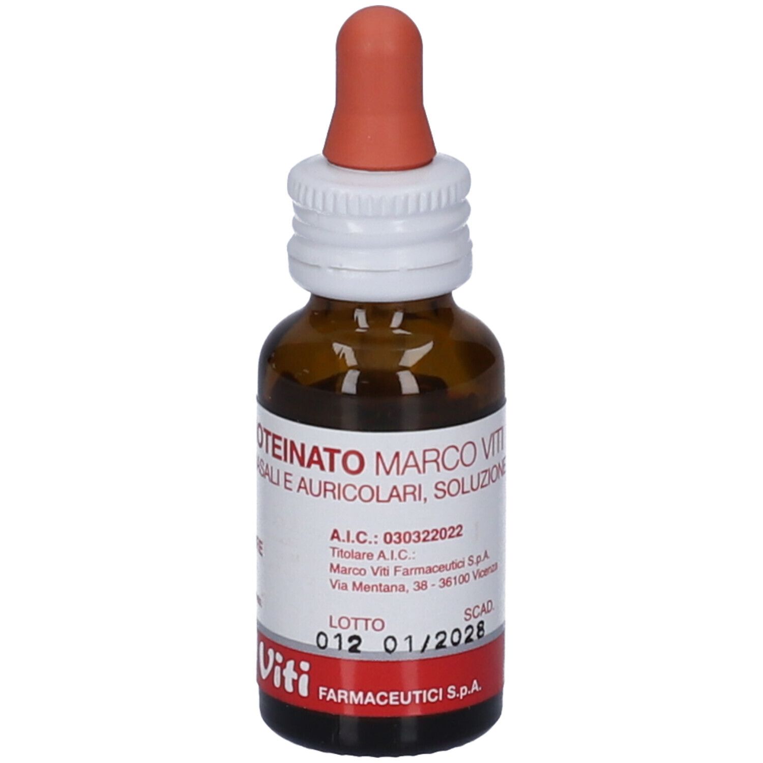 Flacone di vetro marrone con contagocce rosso. Etichetta con nome prodotto e marchio Marco Viti. Per uso nasale e auricolare. Numero di lotto.