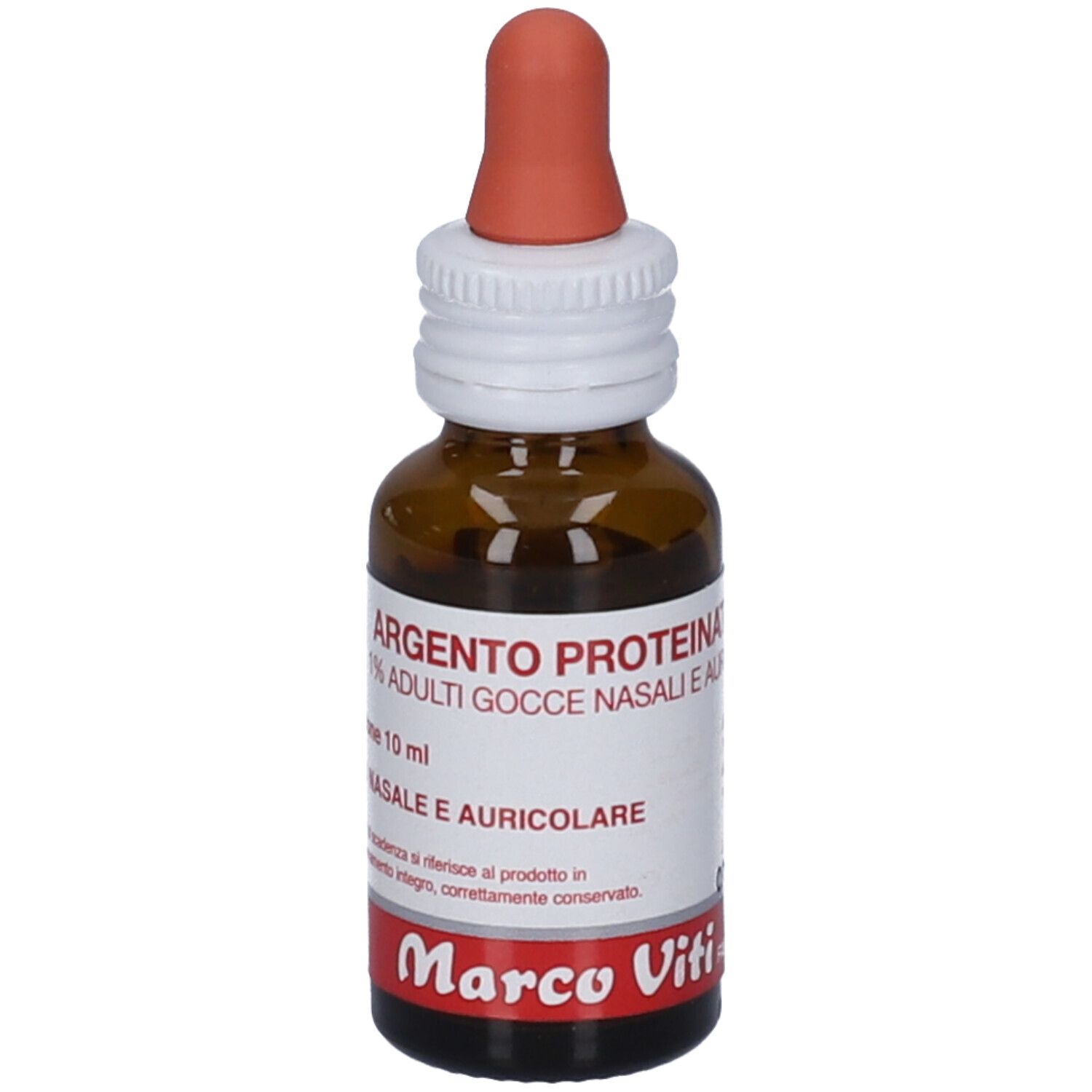 Flacone di vetro marrone con contagocce rosso. Etichetta con nome prodotto, 1% e marchio Marco Viti. Per uso nasale e auricolare.