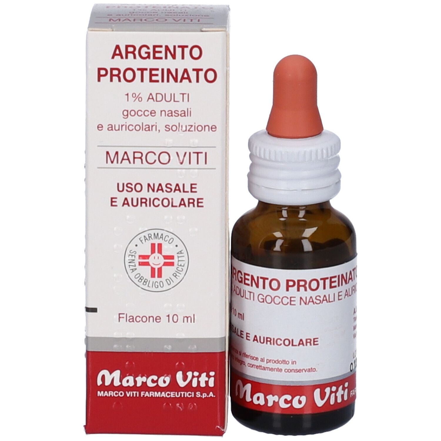 Flacone e scatola del prodotto. Scatola con nome prodotto, 1% e marchio Marco Viti. Per uso nasale e auricolare.