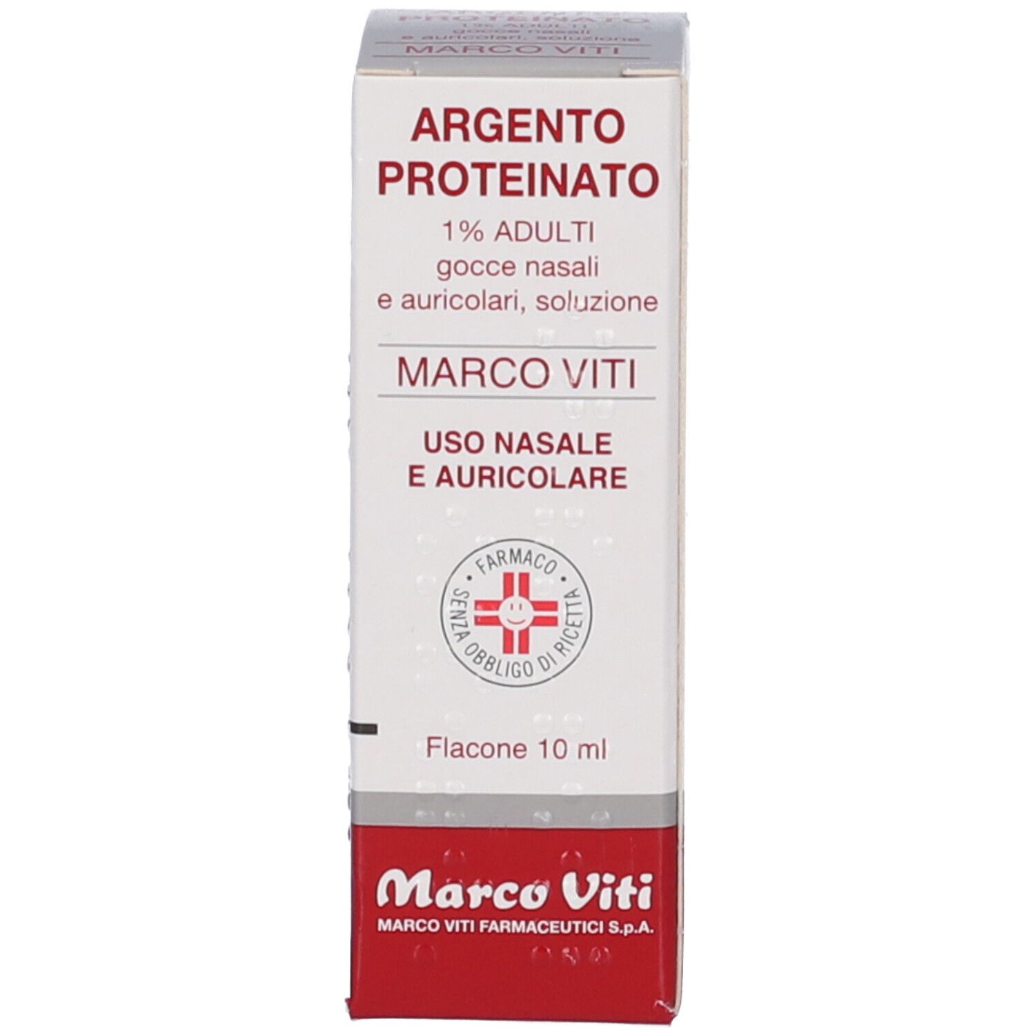 Confezione del prodotto. Scatola con nome prodotto, 1% e marchio Marco Viti. Per uso nasale e auricolare.