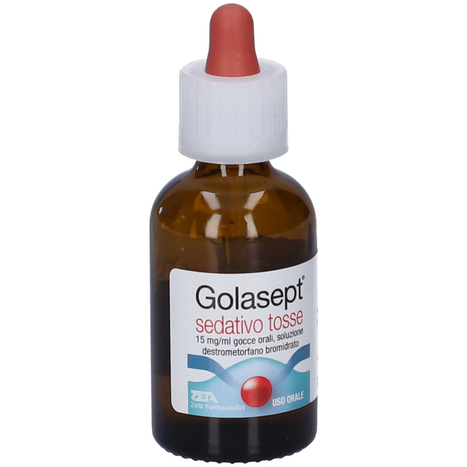 Flacone in vetro ambrato con contagocce, etichetta GOLASEPT sedativo tosse.