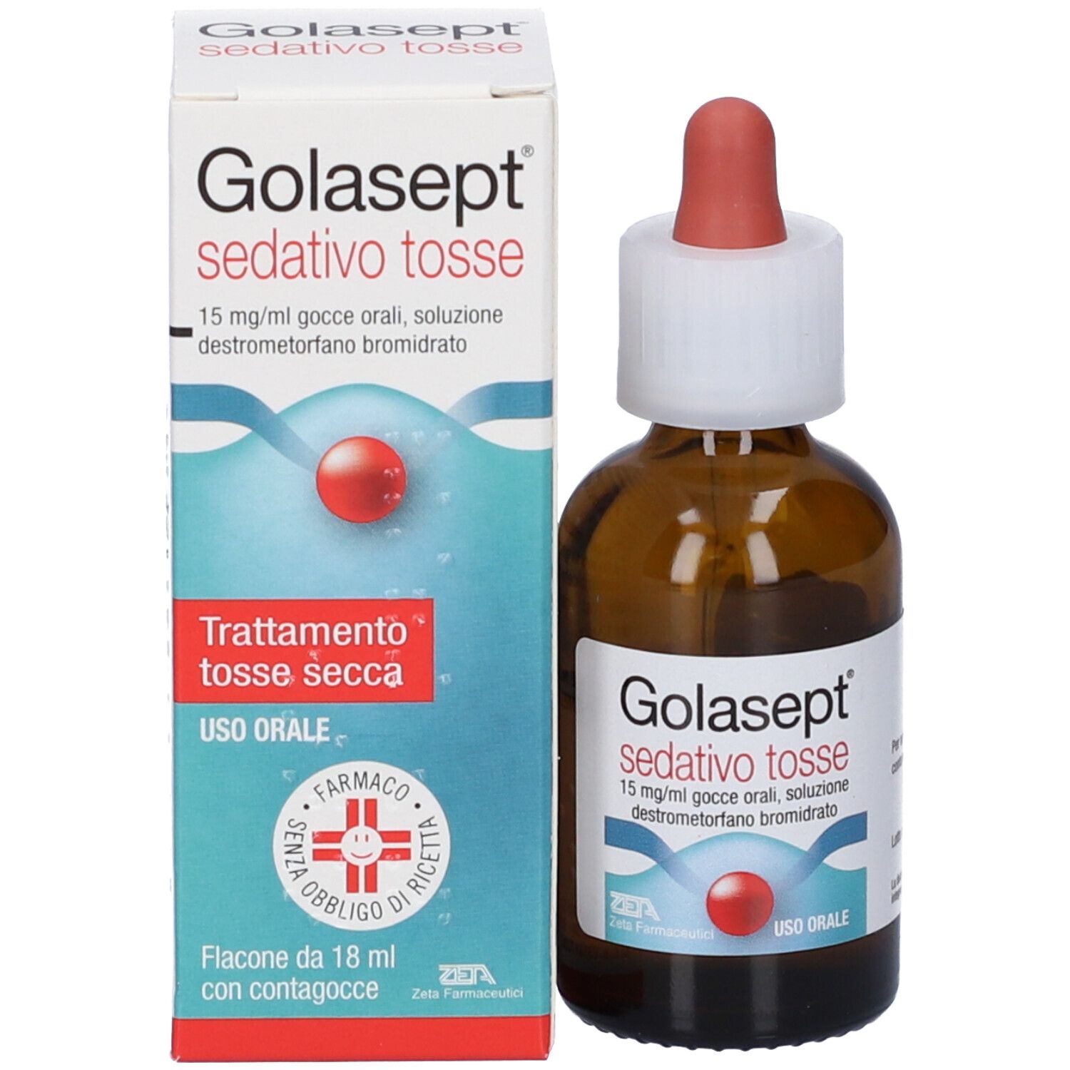 Flacone gocce GOLASEPT sedativo tosse e scatola di imballaggio.