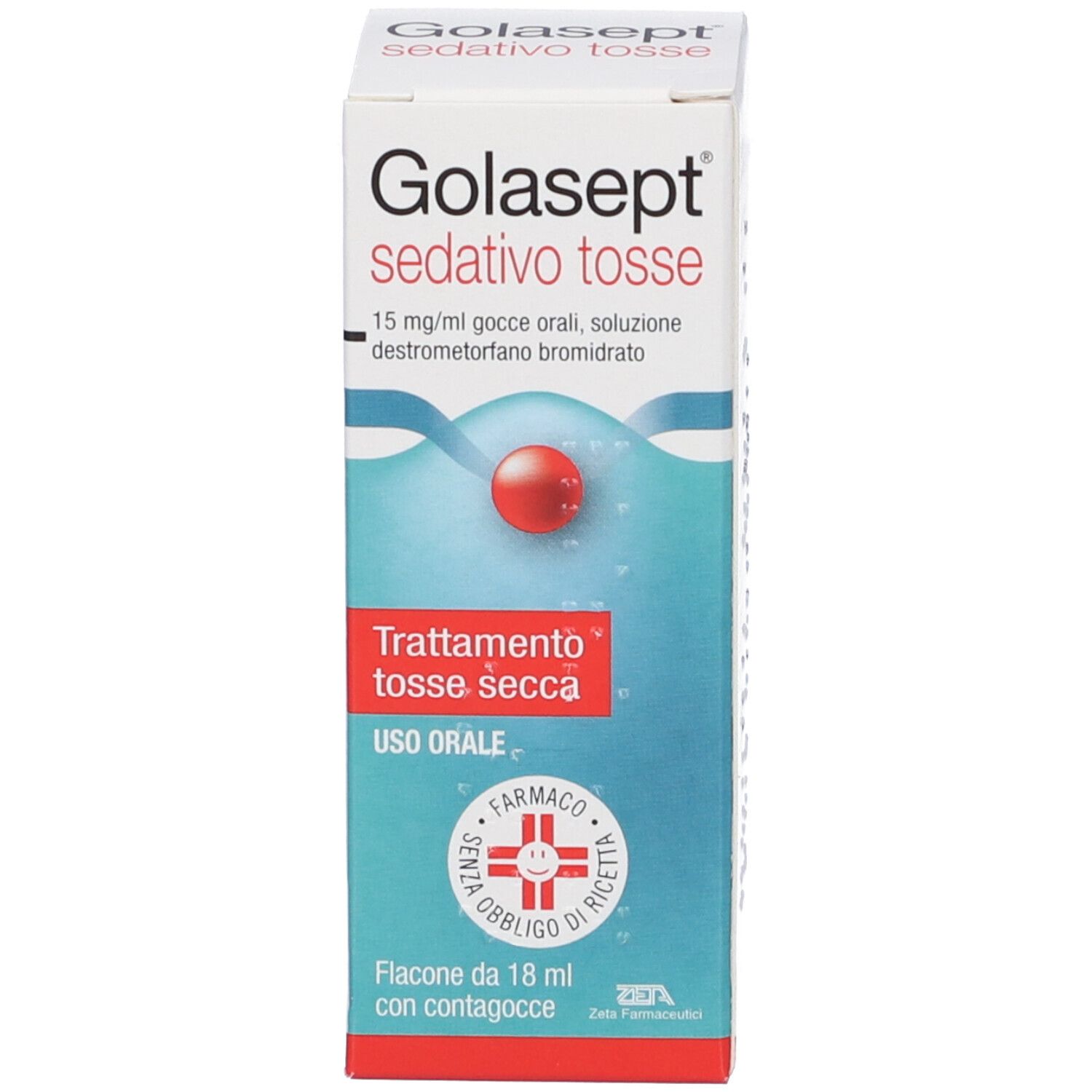 Flacone gocce GOLASEPT sedativo tosse e scatola di imballaggio, vista frontale.