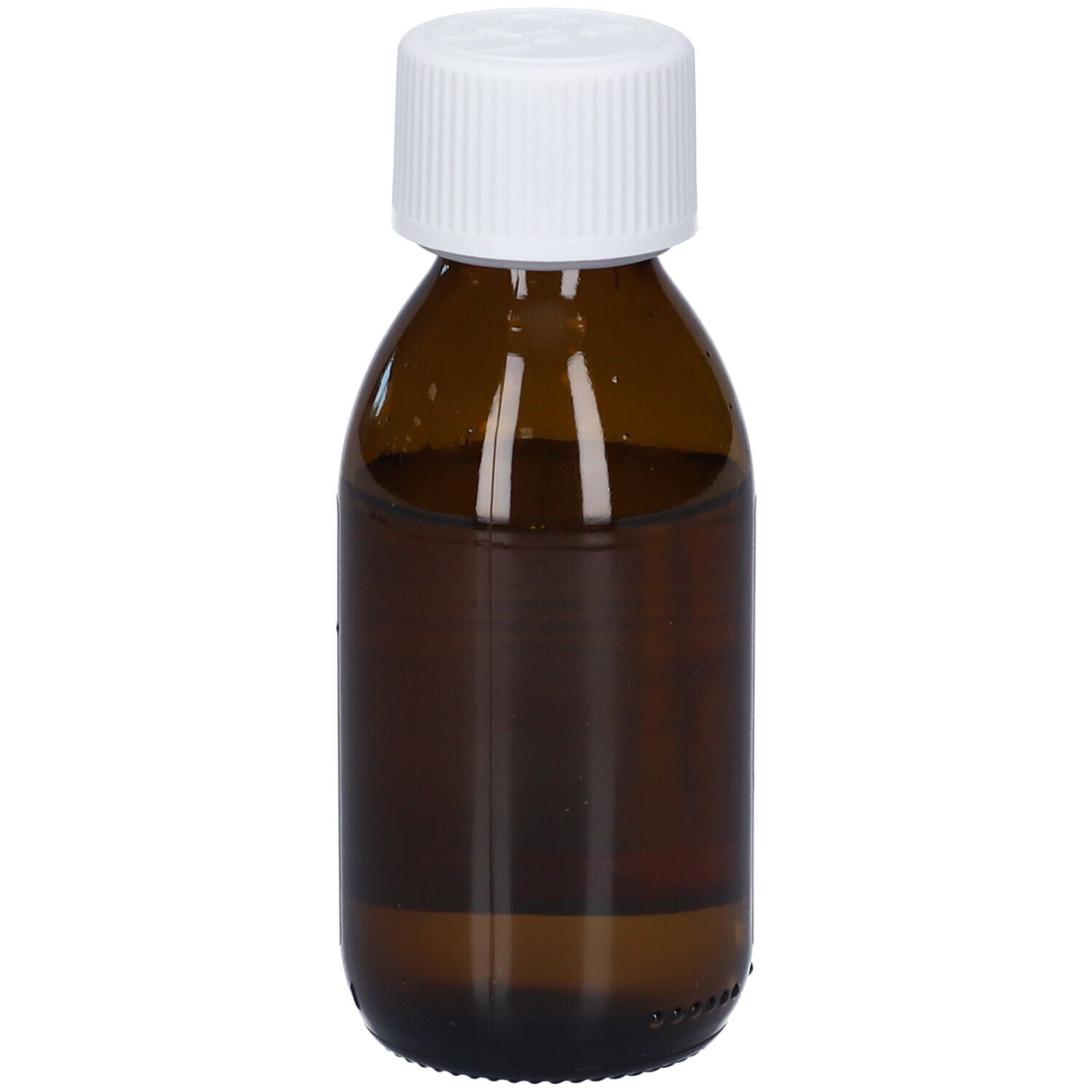 Flacone in vetro ambrato con tappo bianco, riempito con liquido ambrato.