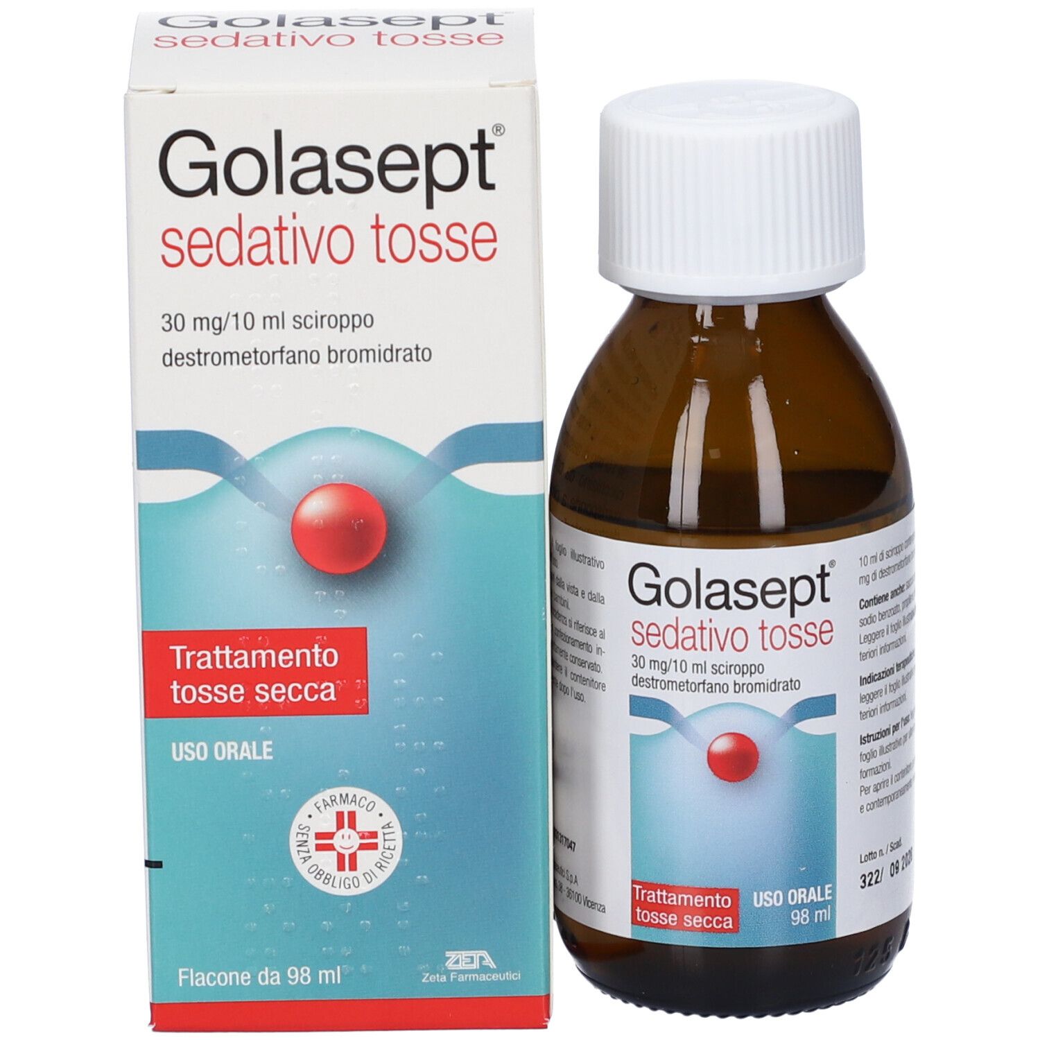 Confezione e flacone del prodotto GOLASEPT sedativo tosse, flacone in vetro ambrato con tappo bianco.