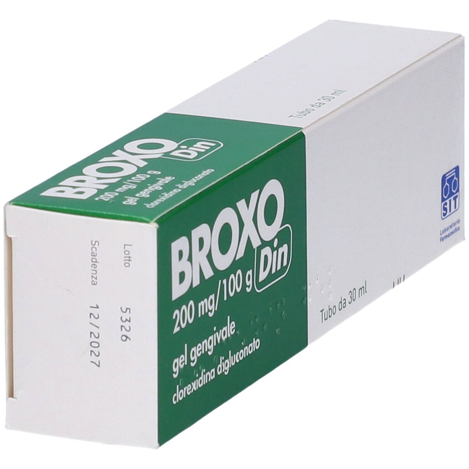Broxodin Gel: Gel gengivale 200 mg/100 g con clorexidina digluconato. Lotto, Scadenza 12/2027.