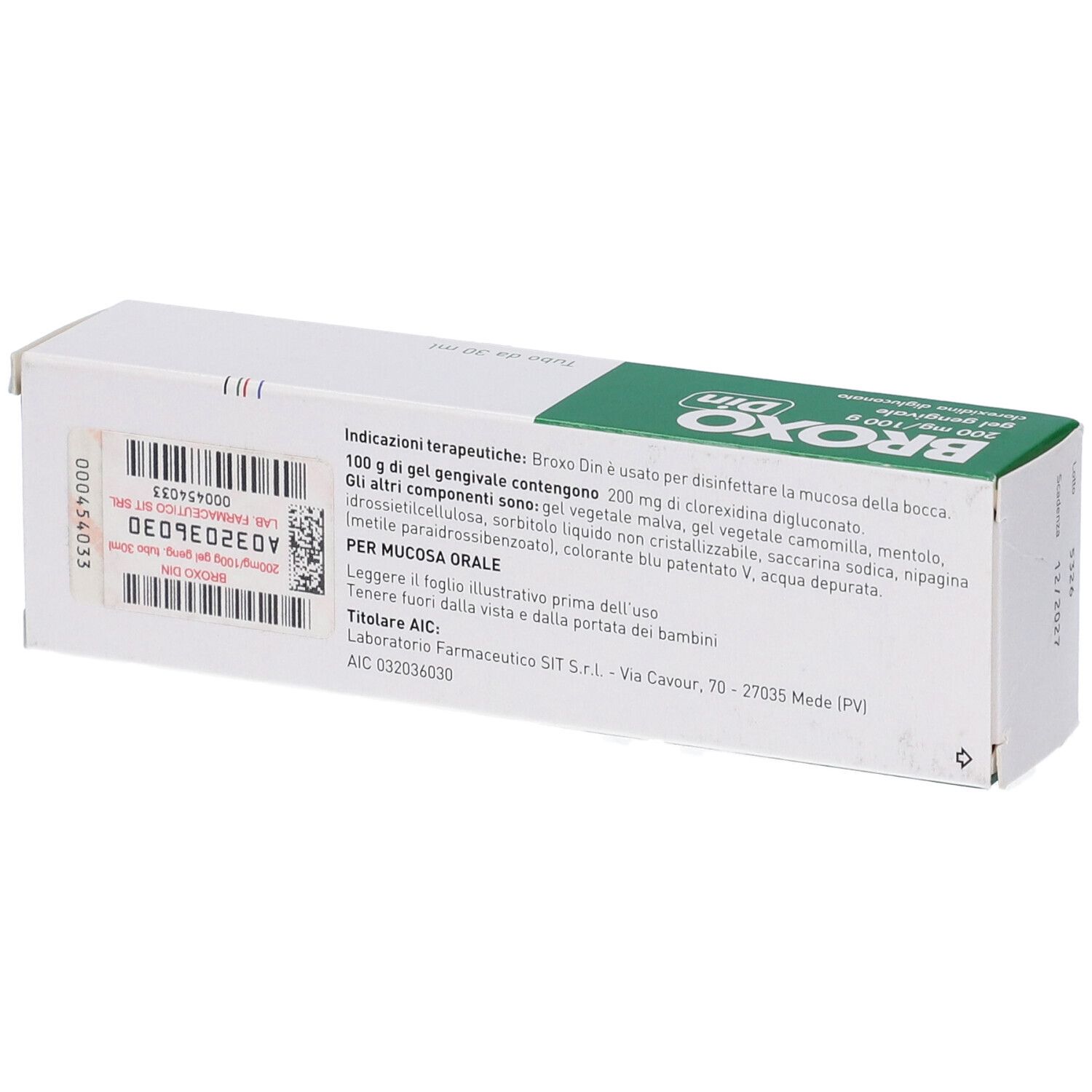 Broxodin Gel: Retro della confezione con codice a barre, numero di lotto e indicazioni d'uso.